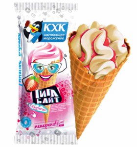 Купить оптом Гигабайт, Улетная линейка ванильного мороженого в большом сахарном рожке и двойной порцией сочного клубничного джема.