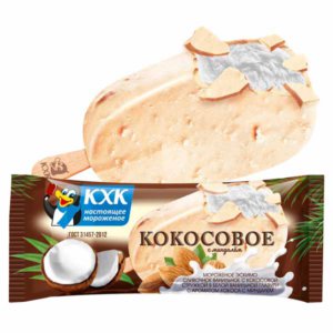 Кокосовое, Сливочное мороженое с кокосовой стружкой в белой глазури с миндалем